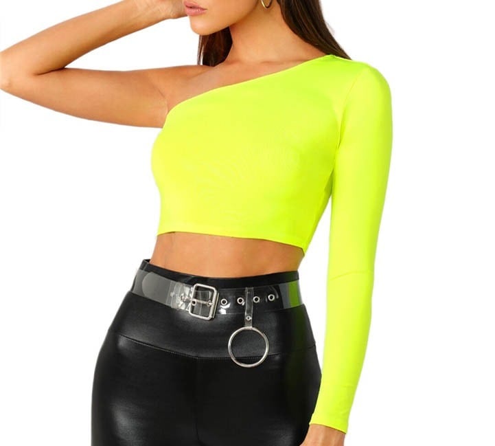 ワンショルダー 長袖トップス ネオンイエロー 蛍光 ネオンカラー ダンス 衣装 イベント スポーツ