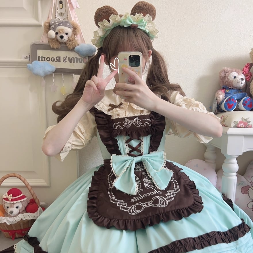 メイド服 ゆめかわ チョコミント ジャンパースカート エプロン メイド服 くまちゃん 刺繍 ガーリー ゆめかわいい