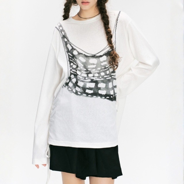 Graphic print ruched long T-shirt C1599