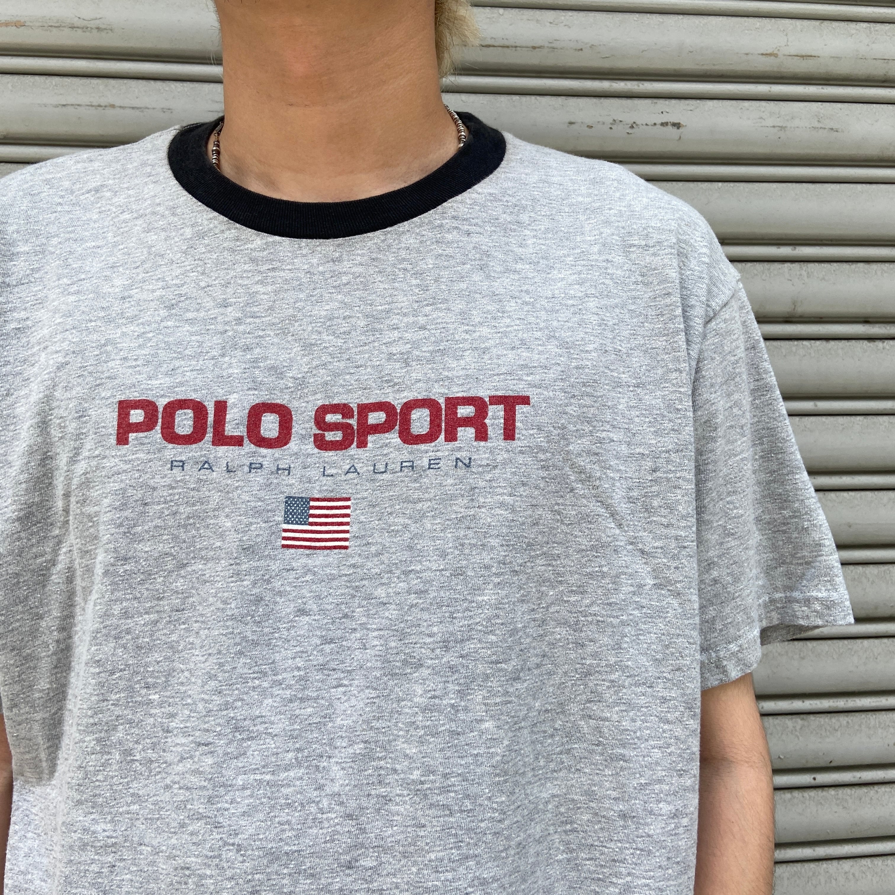 90s POLO SPORT ラルフローレン 星条旗ロゴTシャツ リンガーネック