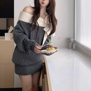 バイカラーオフショルリボンニットワンピ ・73902