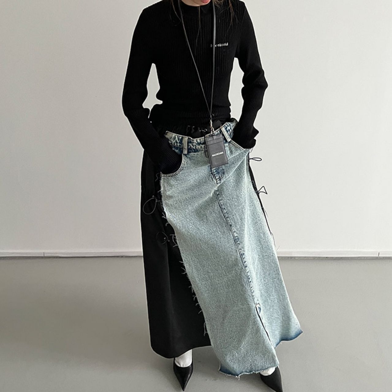 パッチワークプルアウトデニムロングスカート　LT0040024
