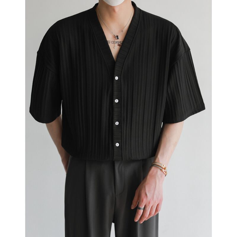 v-neck rib knit short sleeve button regular fit mr0036