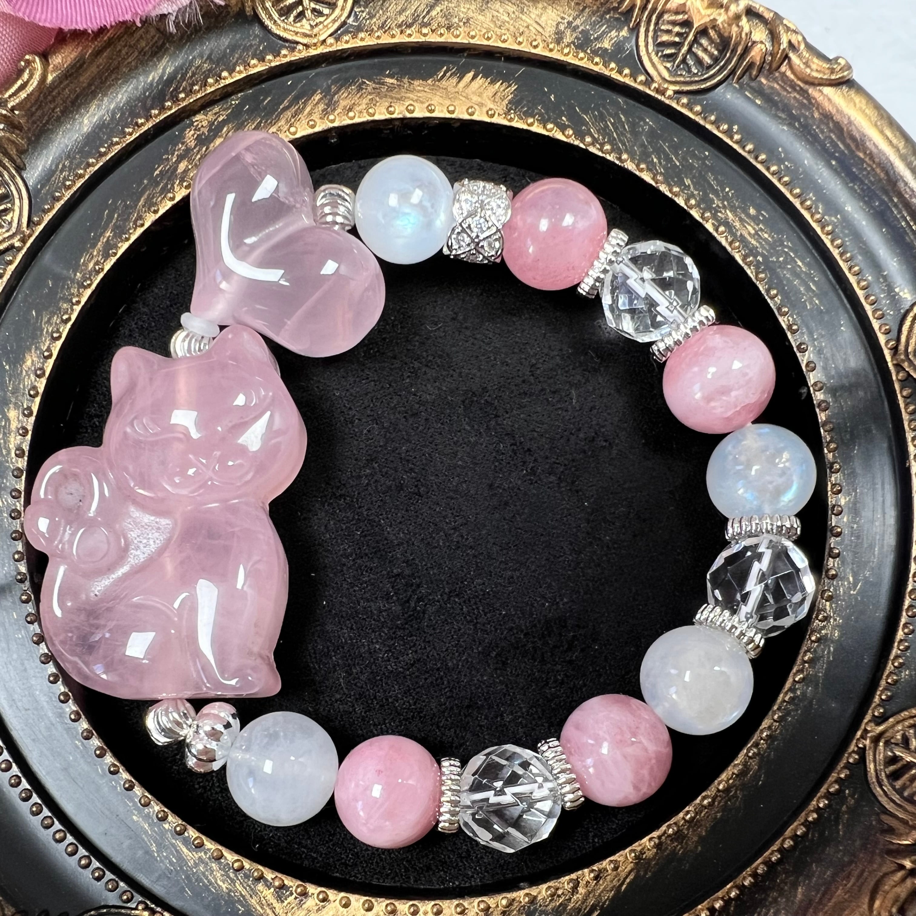 【ローズクォーツ 猫 ハート ブレスレット】❤︎送料無料❤︎天然石 パワーストーン