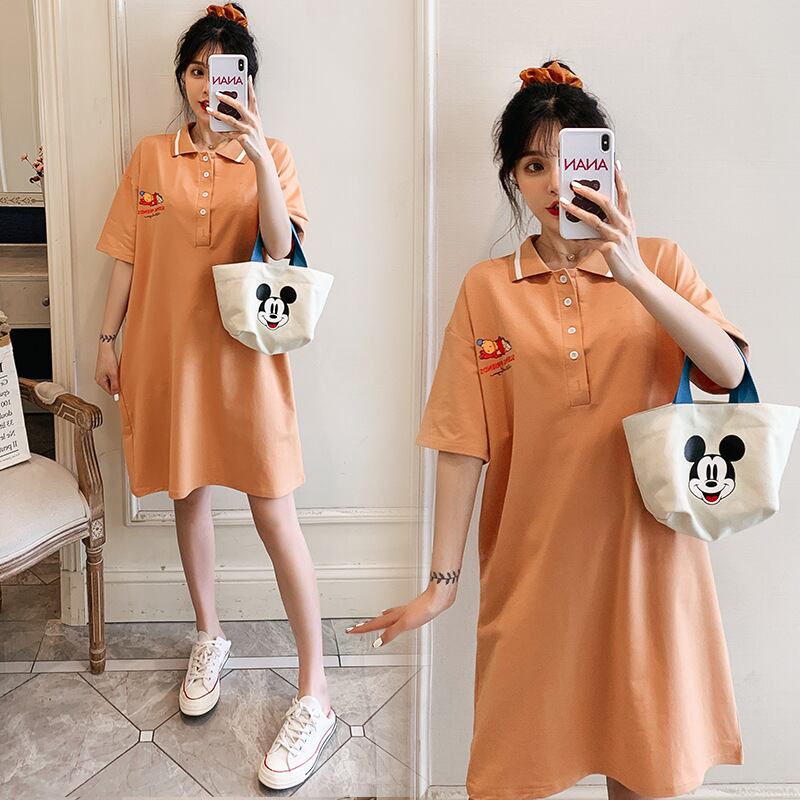 【新作】【送料無料】 マタニティウェア202夏の新しいニットポロカラー漫画ドレスミドル丈ドレス妊婦-アリババ サマー 夏物 expec28367137668