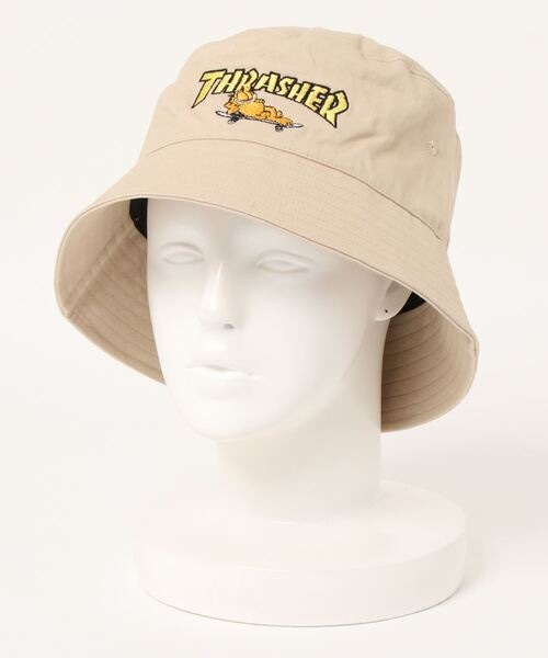 THRASHER×GARFIELD (スラッシャー×ガーフィールド) 刺繍 バケットハット 帽子 ベージュ GA-TH2112