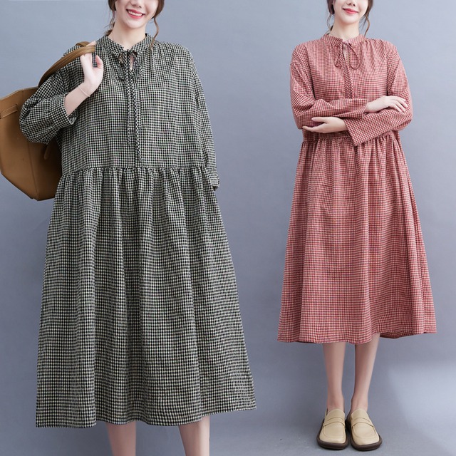 初回送料無料　綿麻のラージサイズのチェックワンピース　カジュアルワンピース　人気商品