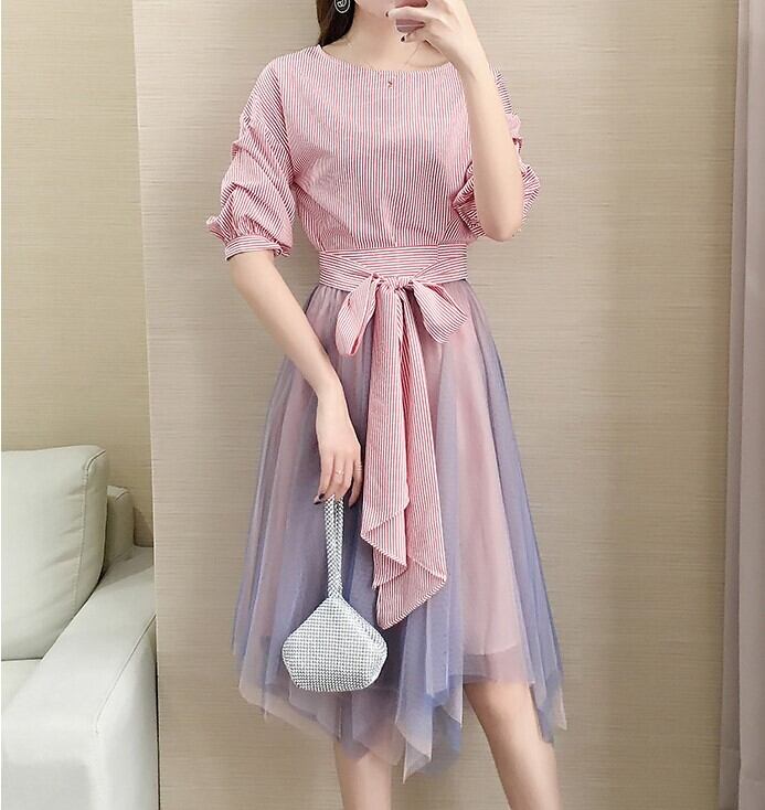 トップス スカート セットアップ デート カットソー プルオーバー トップス プリーツスカート ミモレ ミモレ丈 不規則丈 袖あり 半袖 5分袖 五分袖 ボリューム袖 ラウンドネック 襟なし フレア プリーツ リボン ウエストマーク ハイウエスト 透け感 薄手 メッシュ かわいい 大人可愛い きれいめ おしゃれ お洒落 大人女子 ラブリー キュート ガーリー ストライプ 春 夏 20代 30代 レディース 女性用 デート お出かけ 女子会 モテ 体系カバー 美脚 脚長 S M L XL パステルカラー
