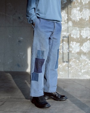50s “Le Favori” French work moleskin trousers / faded blue / artistic repair & good damaged