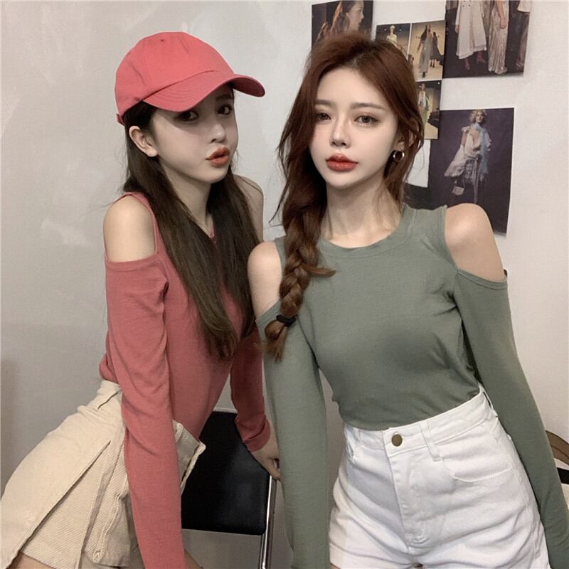 黒のTシャツ女性の秋慎重にストラップレス長袖ボトミングシャツ2020新しい薄いトップイン潮 ブラックストロベリース63657238636