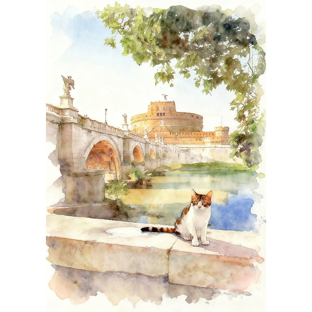 絵画 動物 街中の猫 インテリアアート額付き 水彩画風 WAT1794