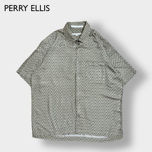 【PERRY ELLIS】半袖シャツ 柄シャツ オールパターン 総柄 個性的 柄物 レーヨン M ペリーエリス US古着