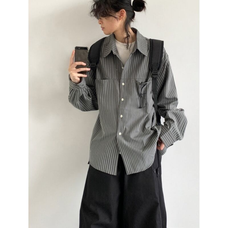 jiwuusストライプ襟付き ヴィンテージ長袖シャツ