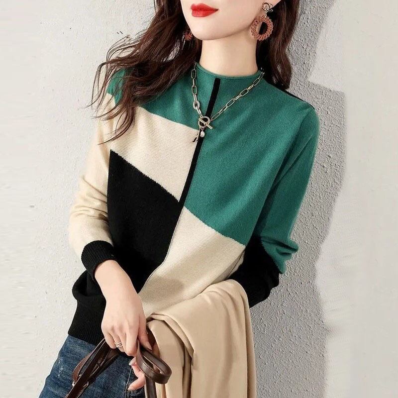 トップス レディース ニット セーター 長袖 ゆったりプルオーバー ハイネック 秋 冬 長袖セーター 配色 袖あり オシャレ 大人ニット きれいめ シンプル カジュアル 大人 上品 おしゃれ お洒落 かっこいい レトロ 大人女子 送料無料 ラフ ルーズ 個性的 クール モード系 セクシー エレガント 無地 20代 30代 40代 50代 デート お出かけ 女子会 休日 着回し 普段使い ファッション コーデ スタイル 楽ちん モテ シック 綺麗 フェミニン モダン 爽やか華やか 可憐 モザイク柄