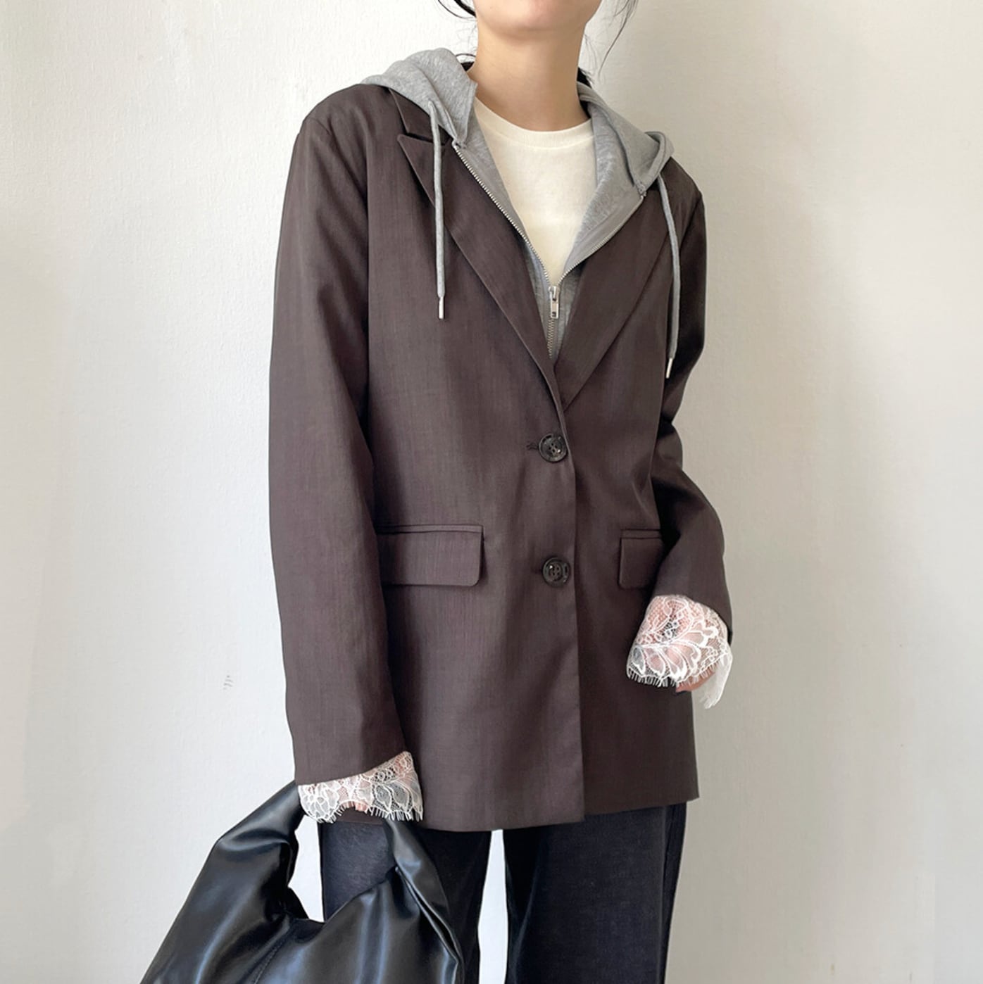 ナンバーミーTOKYO" HOODIE DOCKING TAILORED JACKET"BROWN