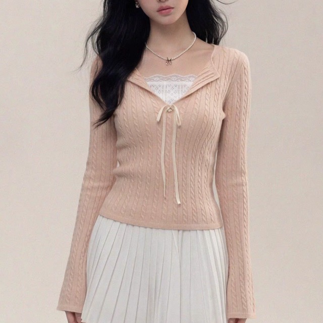 long sleeve ribbon detail knit top m1761