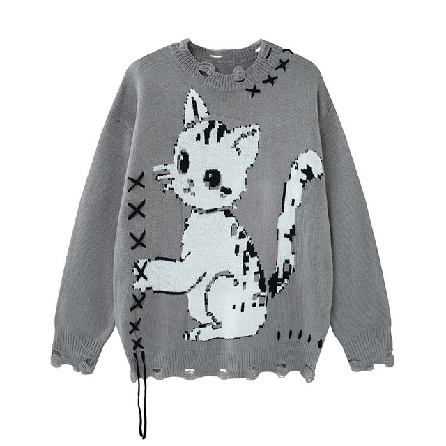 【YITAIシリーズ】★セーター★ ユニセックス 2color ニットトップス 灰 黒 猫 猫柄 ダメージ加工 おしゃれ