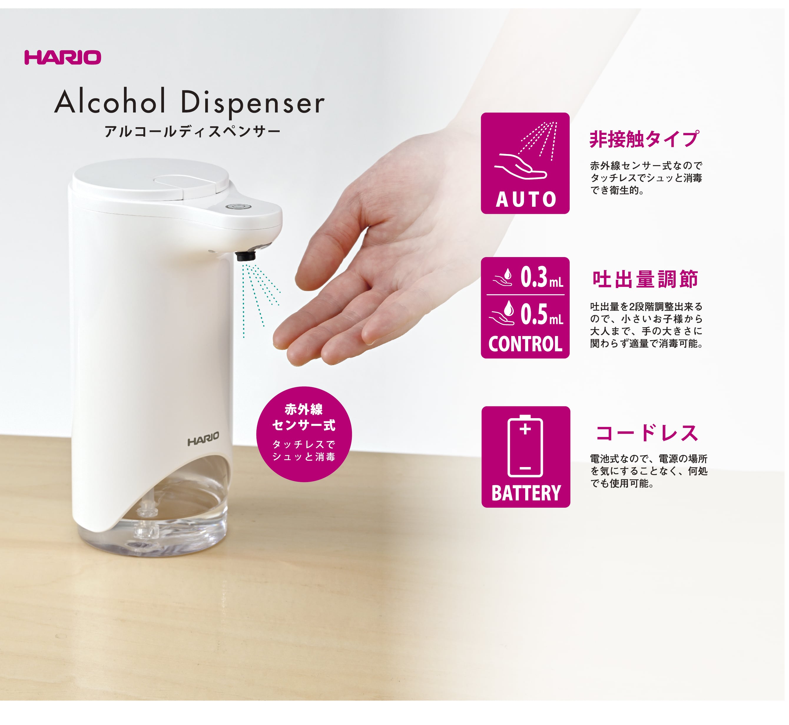 アルコールディスペンサー、消毒液ディスペンサー「体温測定機能付き」タッチレス