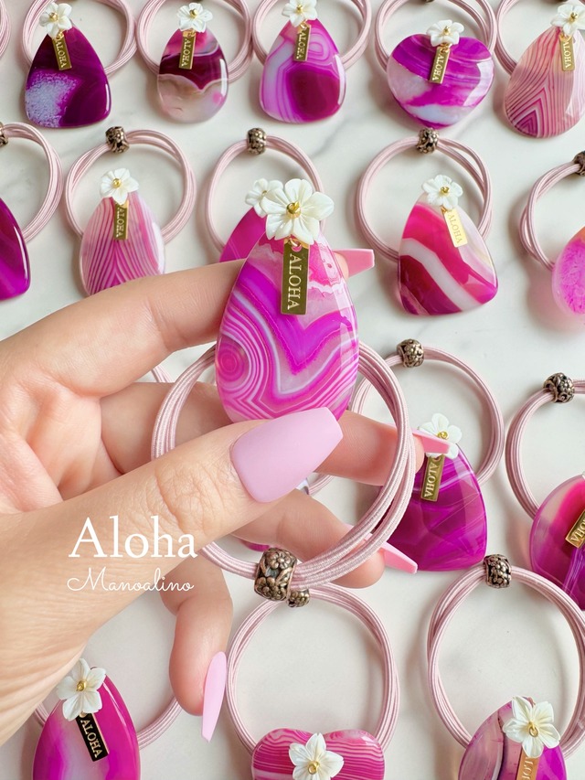 Pink agate×Plumeria hair accessory(ピンクアゲート瑪瑙天然石×プルメリアヘアゴム)