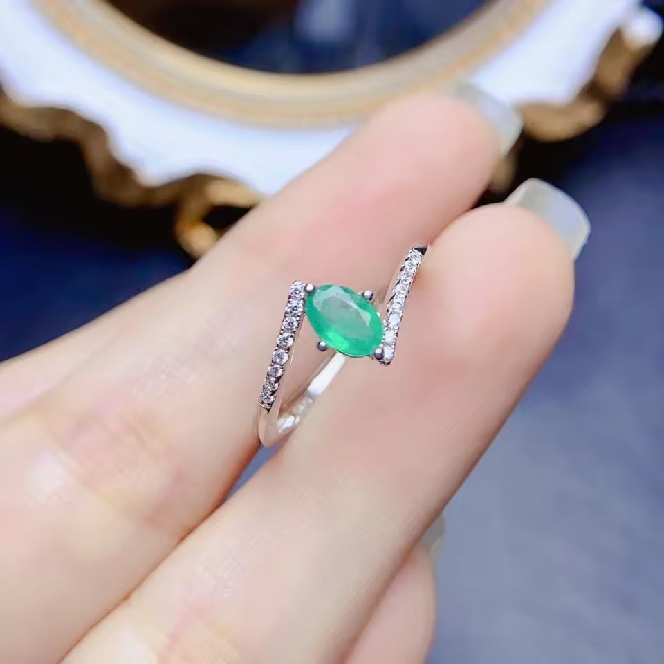 天然エメラルド×ジルコニア silver925フリーサイズ リング天然石