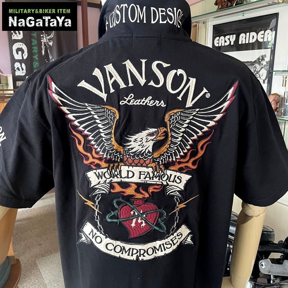 VANSON バンソン イーグル＆ファイヤー 刺繍 半袖ポロシャツ メンズ