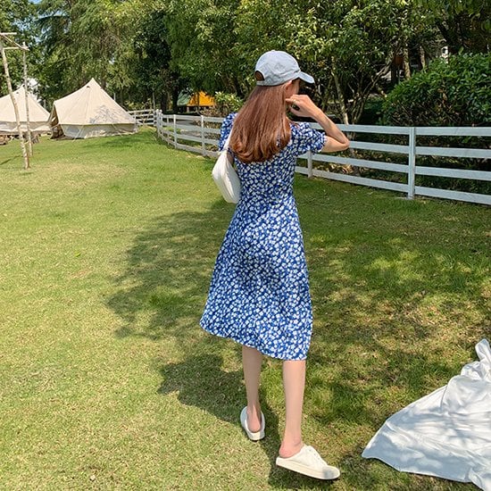レディース 藍染 花 型染め vネック半袖ロングワンピース