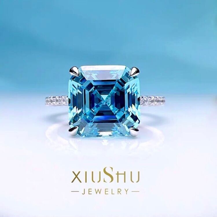 4カラット アッシャーカット 人工 アクアマリン ブルー キラキラ 高