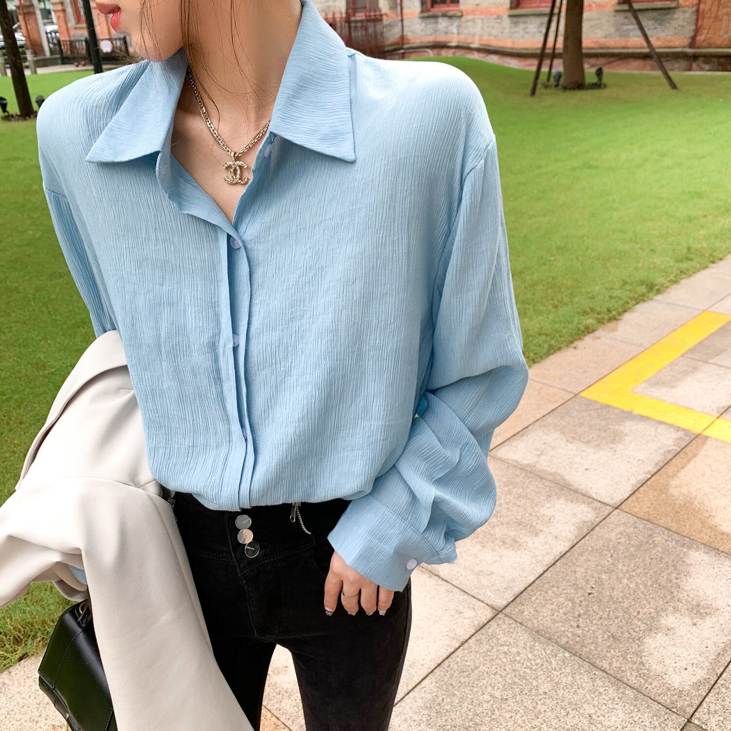 オータムシフォンシャツ 薄手トップス ロング 秋物 6Du_Shop_Women20026813125