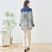 TRUBE エスニックパッチワーク総柄デニム襟ヨーク切替ロングシャツ【M~L】グリーン