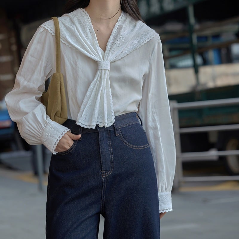 ショール風カラー 刺繍入りロングスリーブブラウス 00260