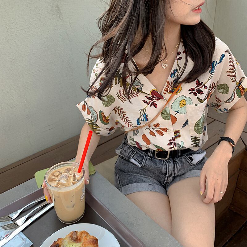 送料無料 個性派 オシャレ スタイル アロハ シャツ ボタニカル 総柄 レトロ 開襟 半袖 カジュアル 古着女子 Lamitte Deco トレンド 韓国ファッション ショップ Base店