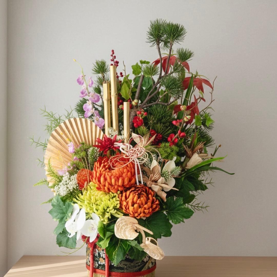 特大サイズ 正月アレンジメント】 扇と松が描く迎春の華｜和モダン