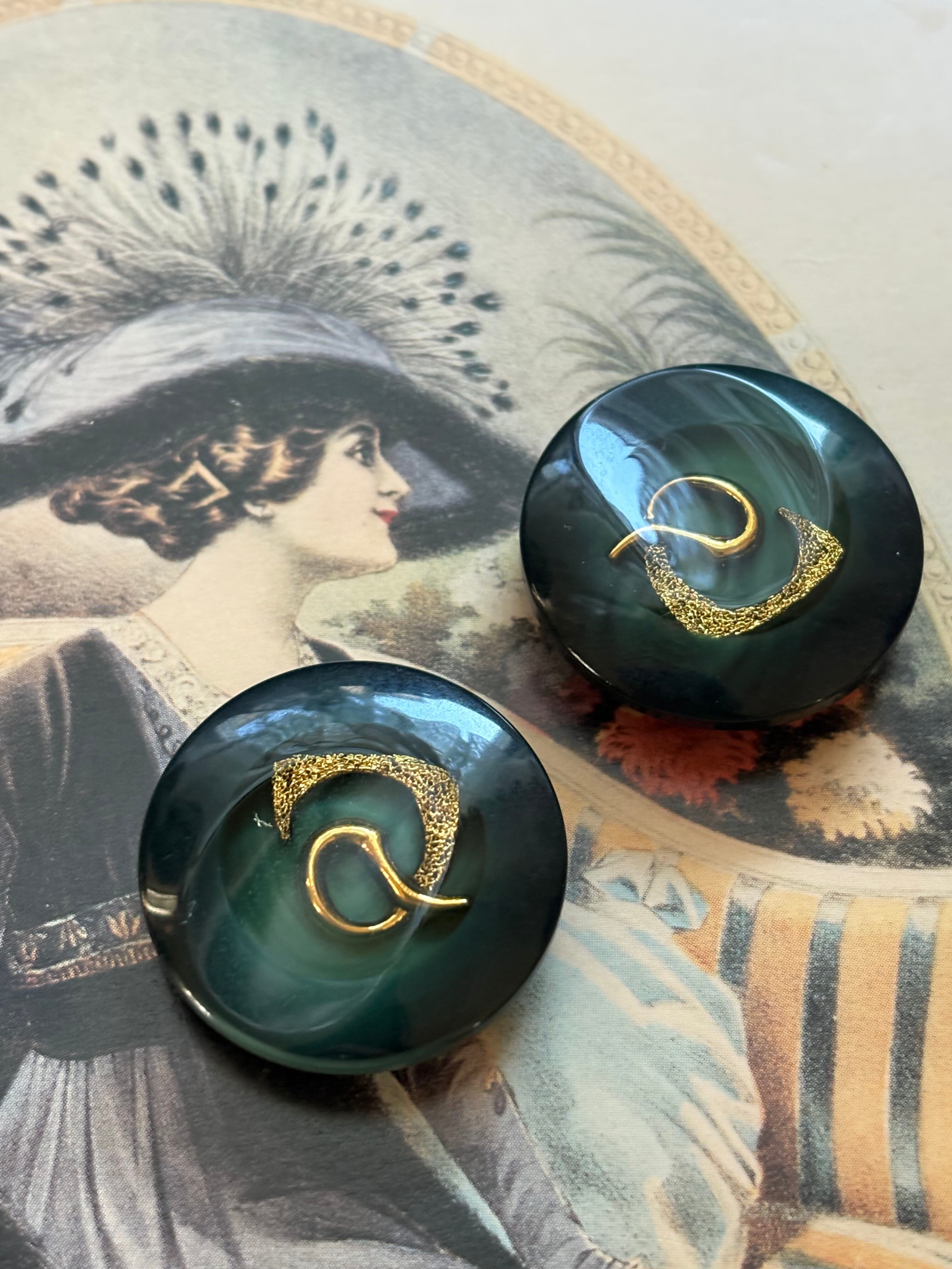 27mm Japaneseヴィンテージボタン レトロ ダークグリーン×ゴールド 樹脂ボタン アクセサリーパーツ デコレーション材 レトロボタン