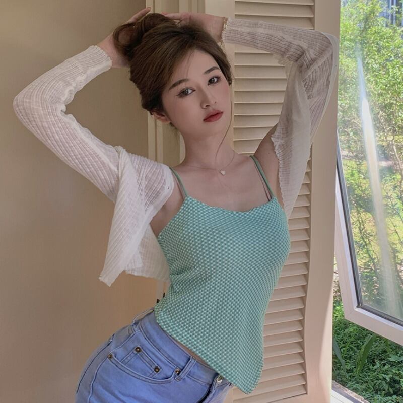 サマー格子柄トップス トライアングルニットシャツ セット 夏物 YY-ファッション38772240996