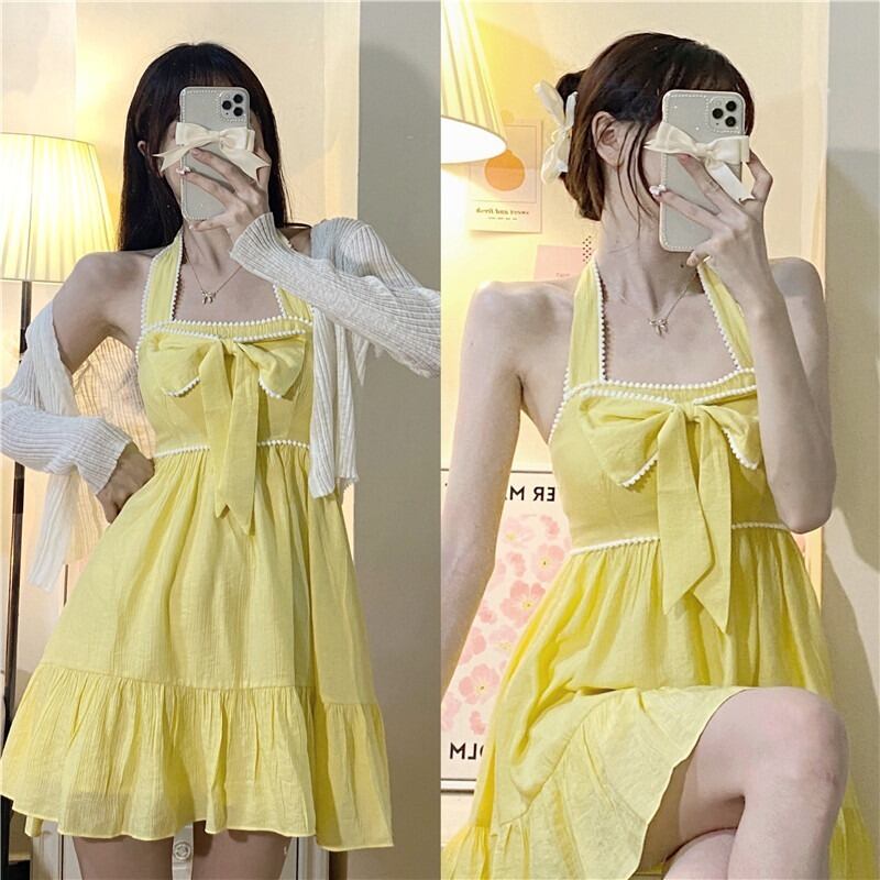 ホルタードレス 薄手イエローリボンスカート サマー 夏物 萌量不足21506239655