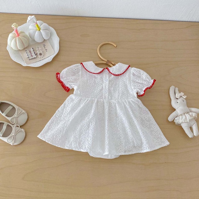 【BABY】フラワー刺繍丸襟半袖ロンパースワンピース - 9