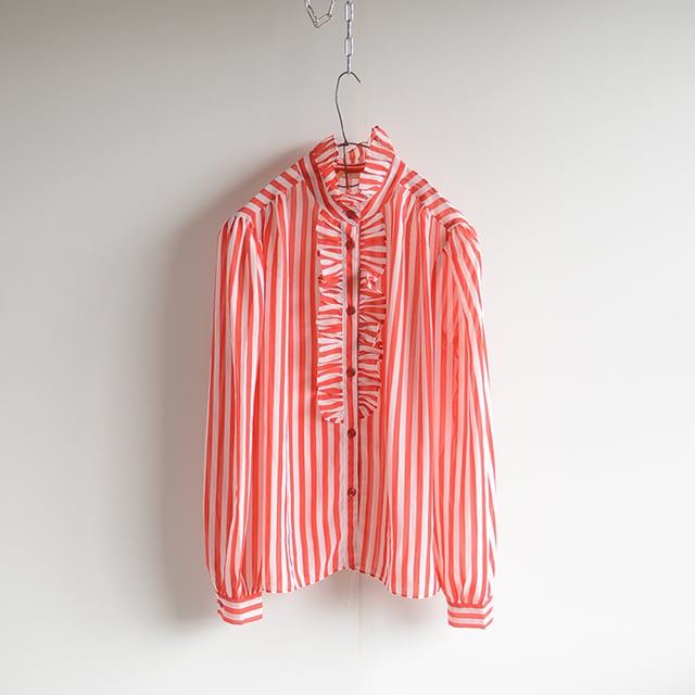 70s シースルー ストライプ フリルシャツ ブラウス 赤 白 USA製 | NY