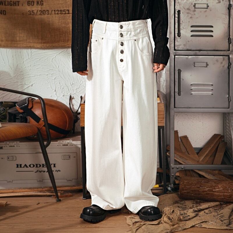 YAPIZHIZAOヴィンテージウォッシュボタンフライストレートデニムパンツ