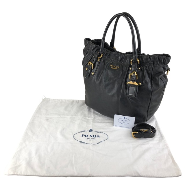PRADA プラダ ハンドバッグ ブラック ロゴ レザー ギャザー 2way vintage ヴィンテージ オールド t5sy7s