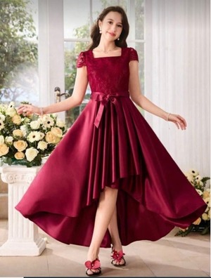 送料無料 未使用 発表会 舞台衣装 パーティ フォ－マル 赤 フィッシュテール ドレス 9号 M [OPN1193]