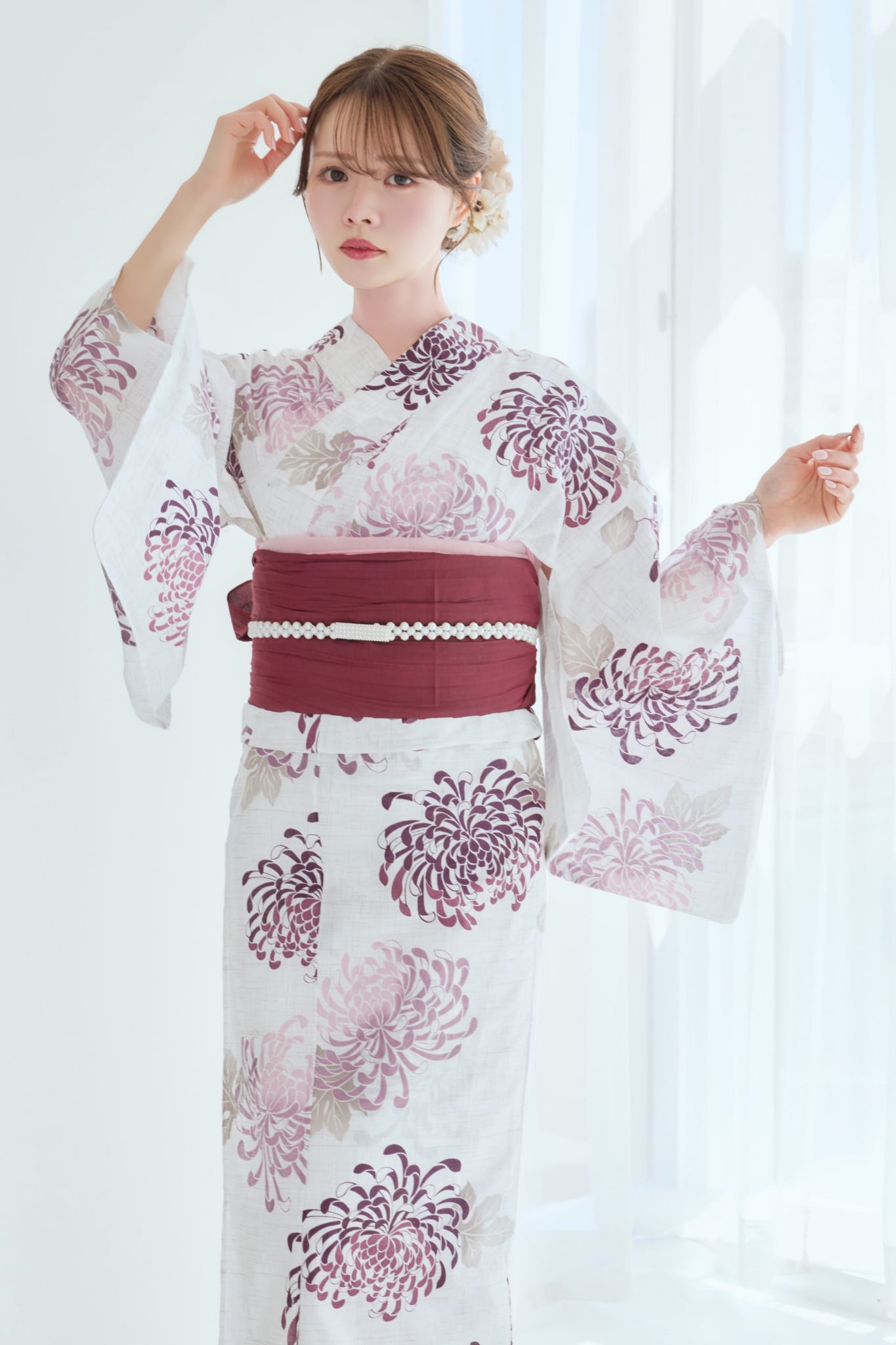 浴衣4点setえんじ色の菊散らし【帯えんじ】 Y5-18 | ANDESIR