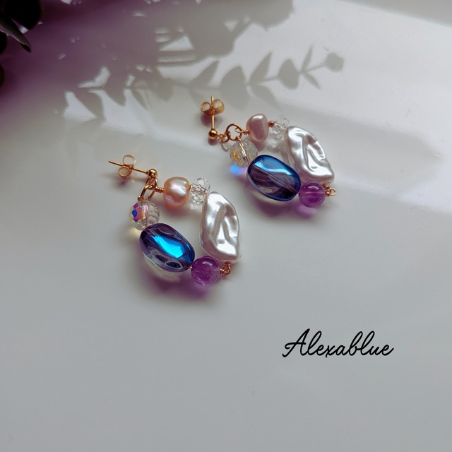 Luna Cascade｜淡水パール × スーパーセブン × 水晶ピアス｜サージカルステンレス金具 アレルギー対応