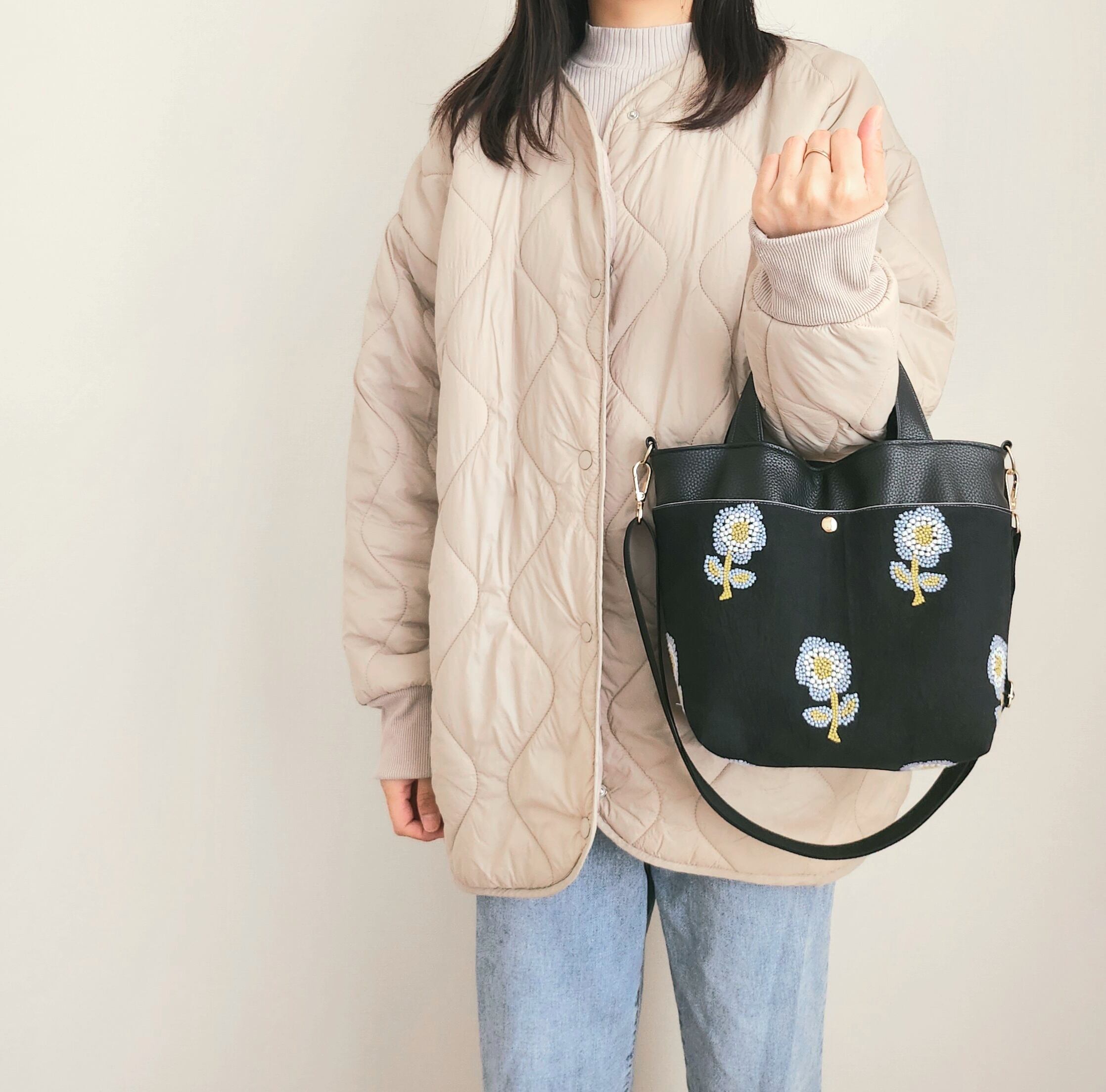 撥水レザー×BIGなお花刺繍の3WAYミニトートバッグ/手提げ ショルダー 肩掛け│クリスマス