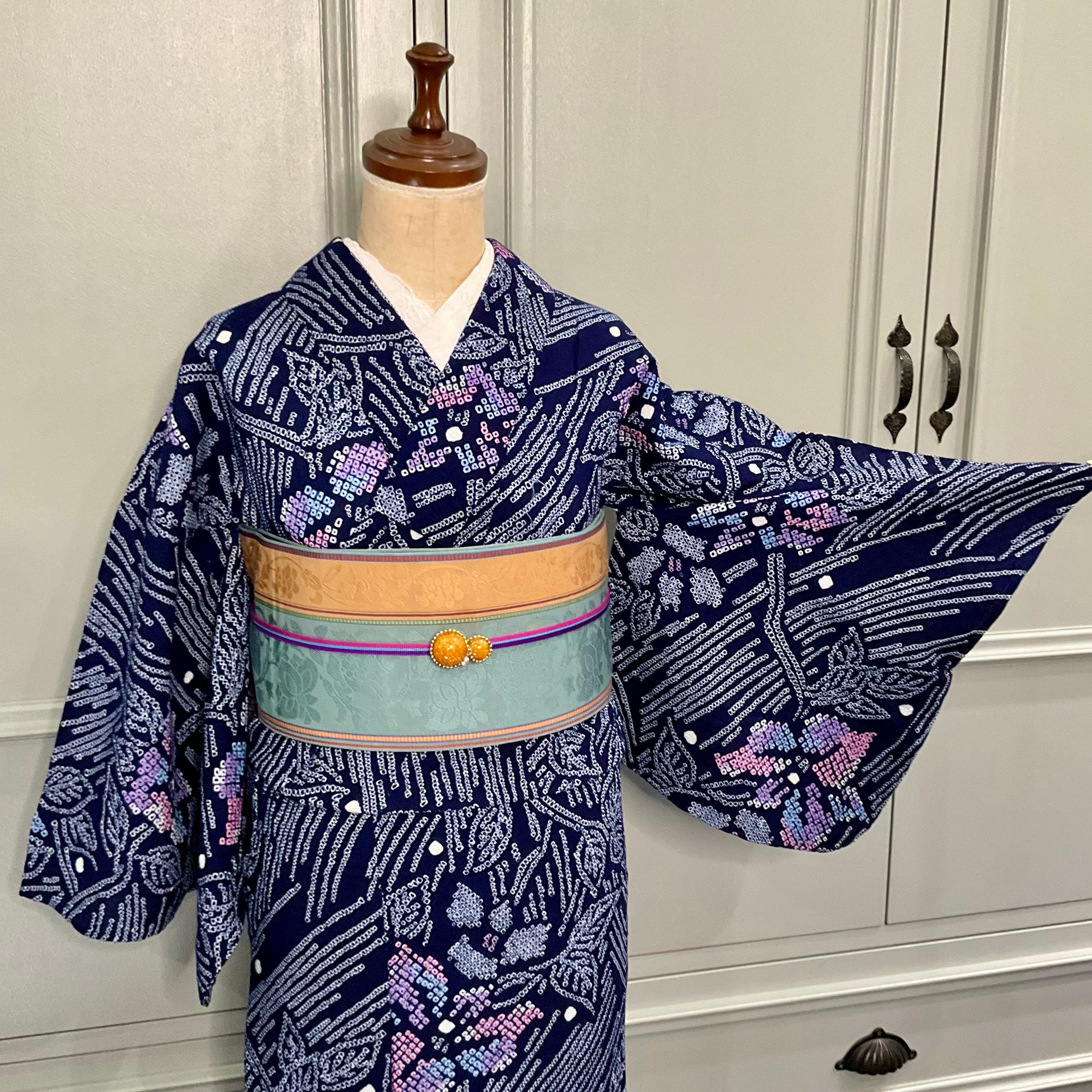 夏宵モザイク＊花 藍 ネイビー 紺 有松鳴海絞り浴衣 B675 | kimono tento