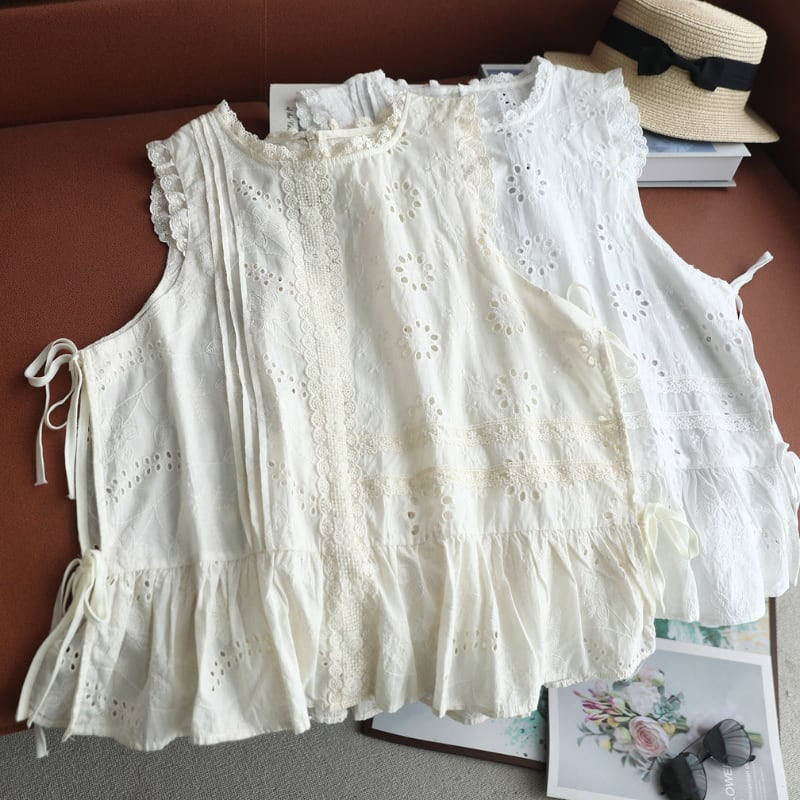 サイドリボンレース刺繍ノースリーブブラウス W1829