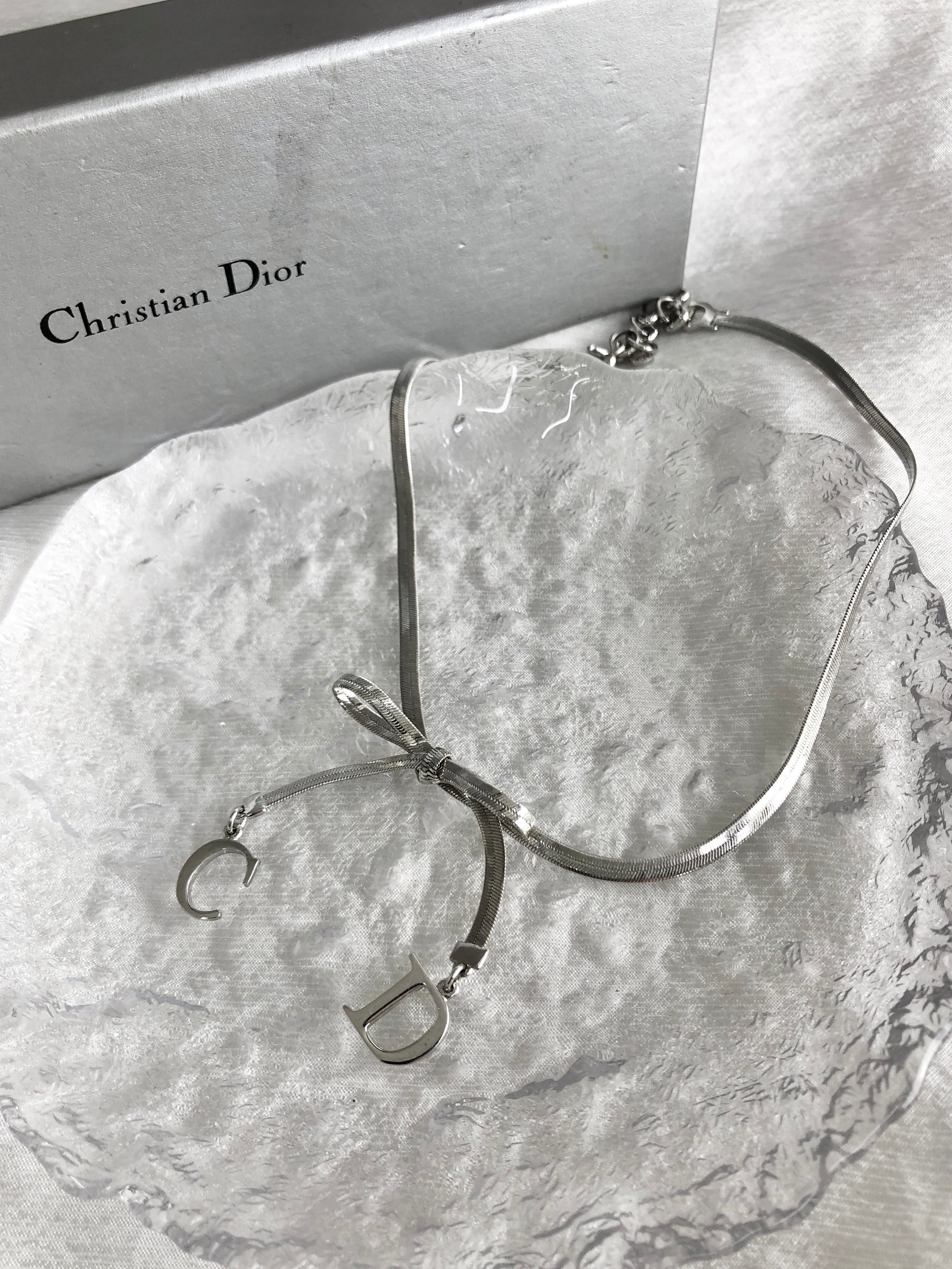 Christian Dior クリスチャン ディオール ネックレス シルバー リボン CD チョーカー vintage ヴィンテージ オールド xxdfsh