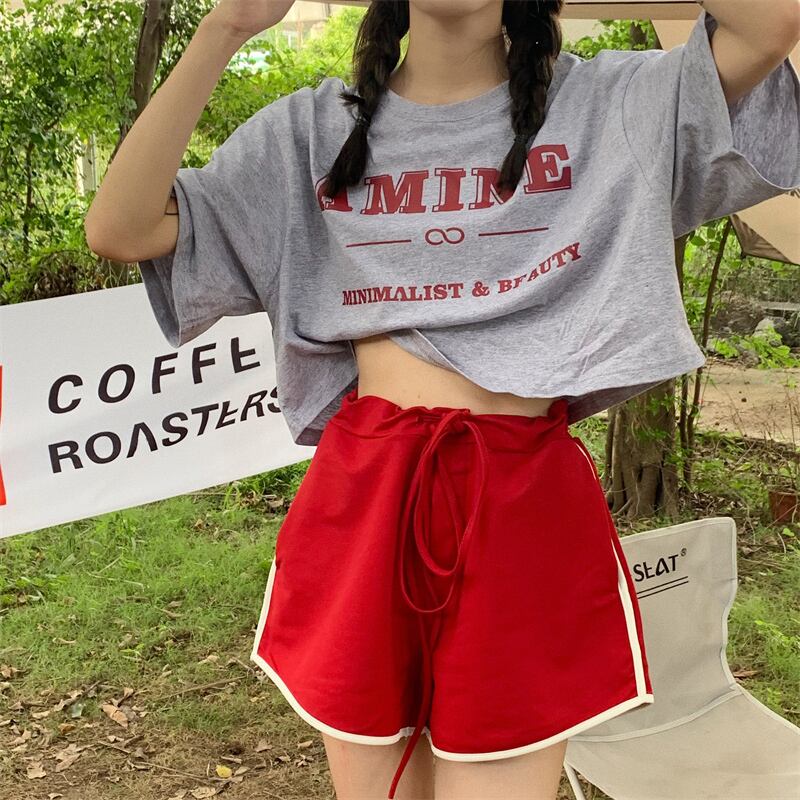 パンツ 薄手ハイウェストウェストルーズショーツ サマーレッドカジュアル 夏物 ブルマー ブラックストロベリース7875525390