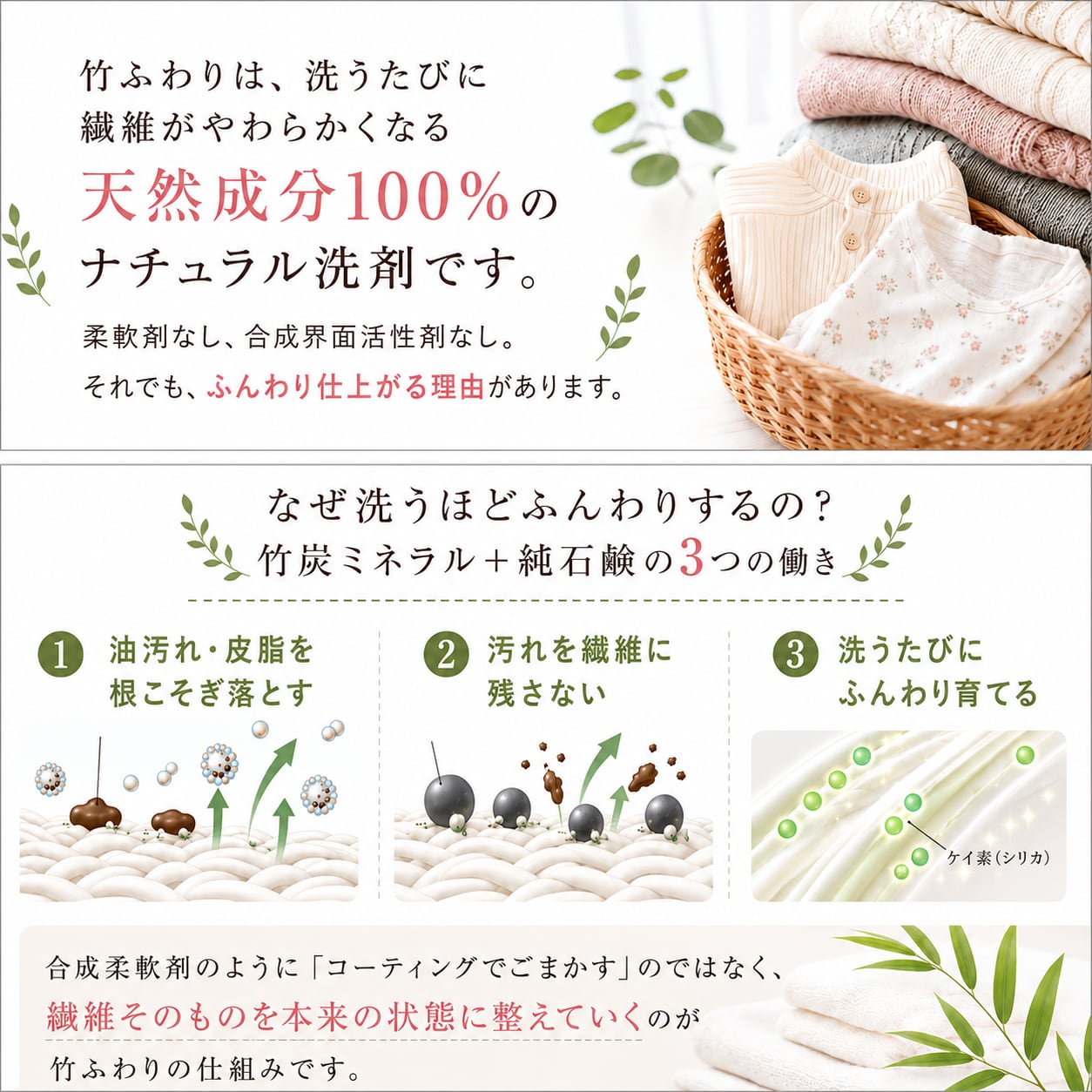 竹ふわり｜竹炭ミネラル洗濯洗剤（天然成分100%・柔軟剤不要・赤ちゃん