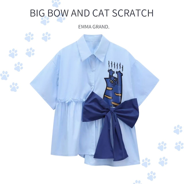 ビックリボンと猫のひっかき半袖シャツ　E00428