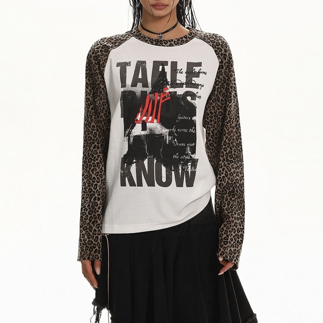 レオパードスリーブグラフィックラグランTシャツ 1col   R02504